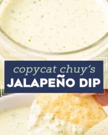 This bold and amazing creamy jalapeño dip is a very close copycat of the dip/sauce served at Chuy's restaurant. The tangy dip has just the right level of heat, and a creamy ranch flavor. You'll want to dip and drizzle this sauce on absolutely everything!