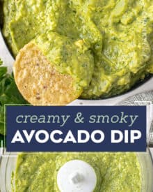 This easy avocado dip recipe is made with simple ingredients common in tex-mex foods. Smoky, spicy, and oh so creamy, this dip is great with chips, on tacos, burritos, and more!