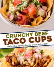 These crunchy Beef Taco Cups are a fun twist on taco night, or a delicious party appetizer! Baked instead of fried, they're packed with taco beef, refried beans, plenty of cheese, and all your favorite taco toppings!