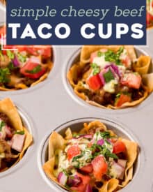 These crunchy Beef Taco Cups are a fun twist on taco night, or a delicious party appetizer! Baked instead of fried, they're packed with taco beef, refried beans, plenty of cheese, and all your favorite taco toppings!