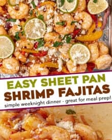 Juicy shrimp and tender onions and peppers, tossed in a mouthwatering honey lime fajita marinade, all baked on one sheet pan. The perfect tex-mex weeknight dinner idea!