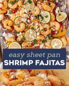 Juicy shrimp and tender onions and peppers, tossed in a mouthwatering honey lime fajita marinade, all baked on one sheet pan. The perfect tex-mex weeknight dinner idea!