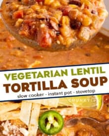 Delicious and creamy, this Vegetarian Tortilla Soup is packed with bold flavors, made easily with common and easy to find ingredients, economical, and can be made in the slow cooker, Instant Pot, or on the stovetop!
