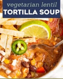 Delicious and creamy, this Vegetarian Tortilla Soup is packed with bold flavors, made easily with common and easy to find ingredients, economical, and can be made in the slow cooker, Instant Pot, or on the stovetop!