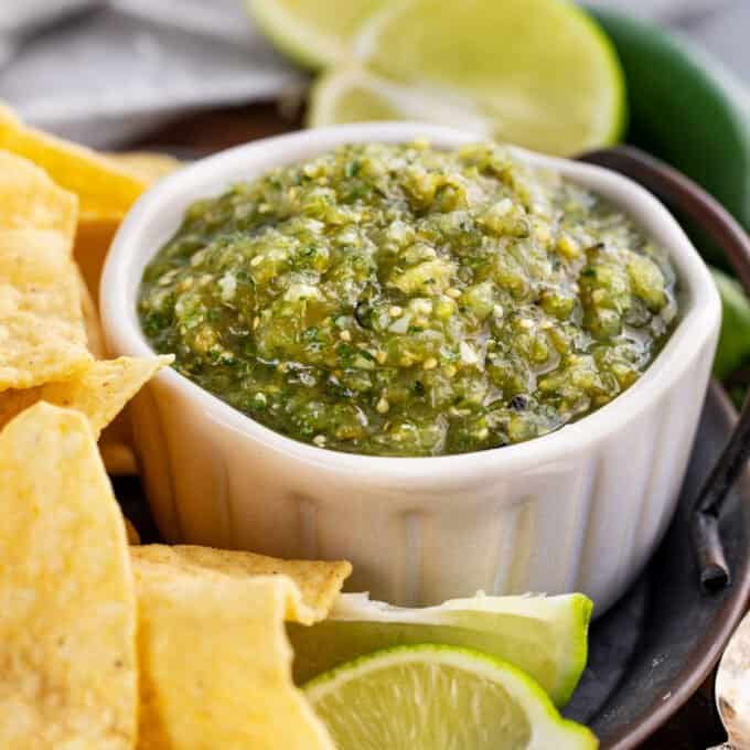 salsa verde in white bowl