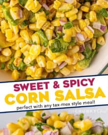 Amazing corn salsa that's loaded with bold flavors! Sweet corn, crunchy jalapeños and onion, buttery avocado and tangy lime juice... this salsa is perfect with a big bowl of chips, or loaded up onto tacos, burritos and more!
