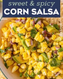 Amazing corn salsa that's loaded with bold flavors! Sweet corn, crunchy jalapeños and onion, buttery avocado and tangy lime juice... this salsa is perfect with a big bowl of chips, or loaded up onto tacos, burritos and more!