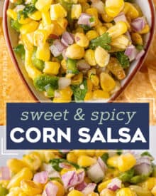 Amazing corn salsa that's loaded with bold flavors! Sweet corn, crunchy jalapeños and onion, buttery avocado and tangy lime juice... this salsa is perfect with a big bowl of chips, or loaded up onto tacos, burritos and more!