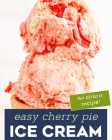 Rich and creamy ice cream swirled with sweetened cream cheese, cherry pie filling, and crushed graham crackers. Everything you love about cherry pie, but in a cool and refreshing frozen treat. Plus, no ice cream maker is required!