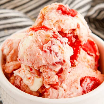 cherry pie ice cream in a white bowl