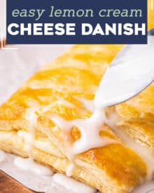 This shortcut recipe for a Cheese Danish is made with store-bought puff pastry dough and a lemony sweet cream cheese filling. Buttery, flaky, and sweet, this recipe is perfect for a decadent breakfast or brunch!