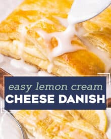 This shortcut recipe for a Cheese Danish is made with store-bought puff pastry dough and a lemony sweet cream cheese filling. Buttery, flaky, and sweet, this recipe is perfect for a decadent breakfast or brunch!