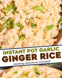 Soft and fluffy jasmine rice, flavored with garlic, ginger and toasted sesame oil, made easily in the Instant Pot, and perfect as an Asian-inspired side dish!