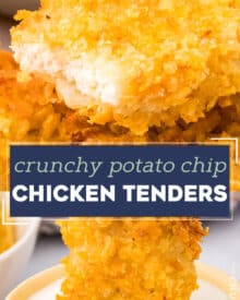 Fresh chicken tenders are dipped in a seasoned egg mixture, then coated in salty crushed potato chips. These crusted chicken tenders are absolutely amazing, and so easy to make in the air fryer or oven!