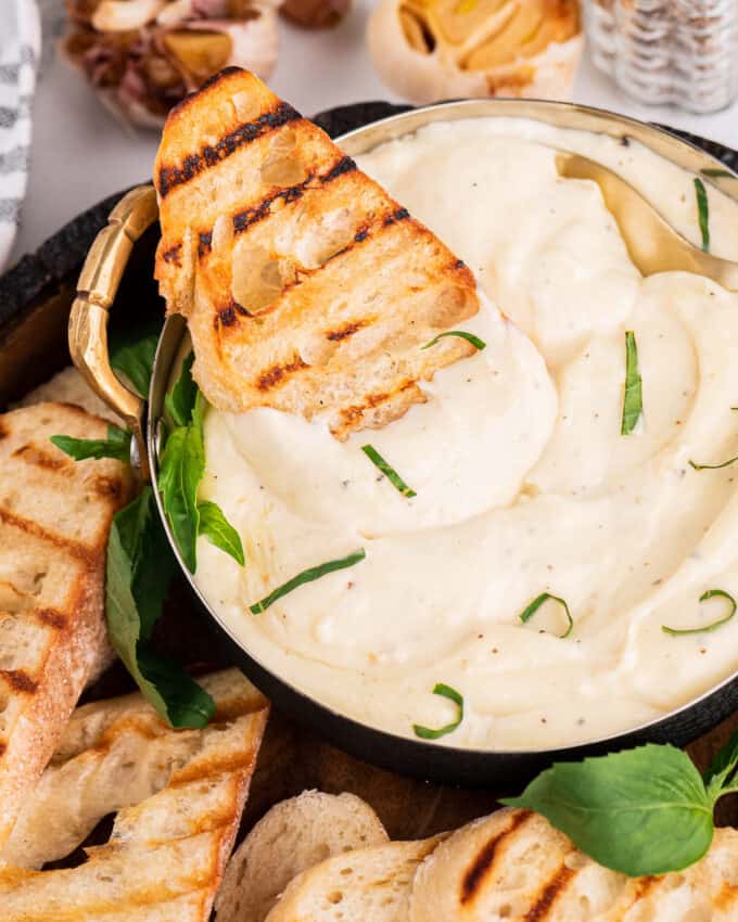 dipping toasted slice of bread into garlic alfredo sauce