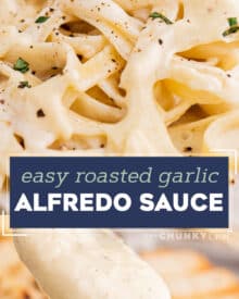 This Roasted Garlic Alfredo Sauce is rich, creamy, and absolutely loaded with flavor. Made with roasted garlic, heavy whipping cream, butter, Parmesan cheese and spices, this creamy sauce is amazing on pasta, as a dip for bread, and more!