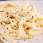 pile of fettuccine with roasted garlic alfredo sauce