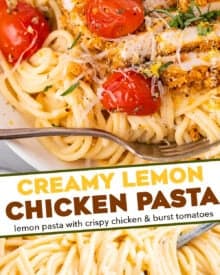 This creamy lemon chicken pasta combines bright and tangy creamy pasta, crunchy baked chicken cutlets, garlicky burst cherry tomatoes, and savory Parmesan cheese. It's a great weeknight-friendly dinner idea that the whole family will love!
