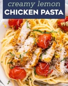 This creamy lemon chicken pasta combines bright and tangy creamy pasta, crunchy baked chicken cutlets, garlicky burst cherry tomatoes, and savory Parmesan cheese. It's a great weeknight-friendly dinner idea that the whole family will love!