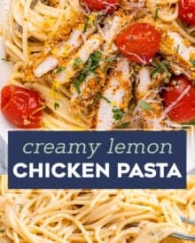 This creamy lemon chicken pasta combines bright and tangy creamy pasta, crunchy baked chicken cutlets, garlicky burst cherry tomatoes, and savory Parmesan cheese. It's a great weeknight-friendly dinner idea that the whole family will love!