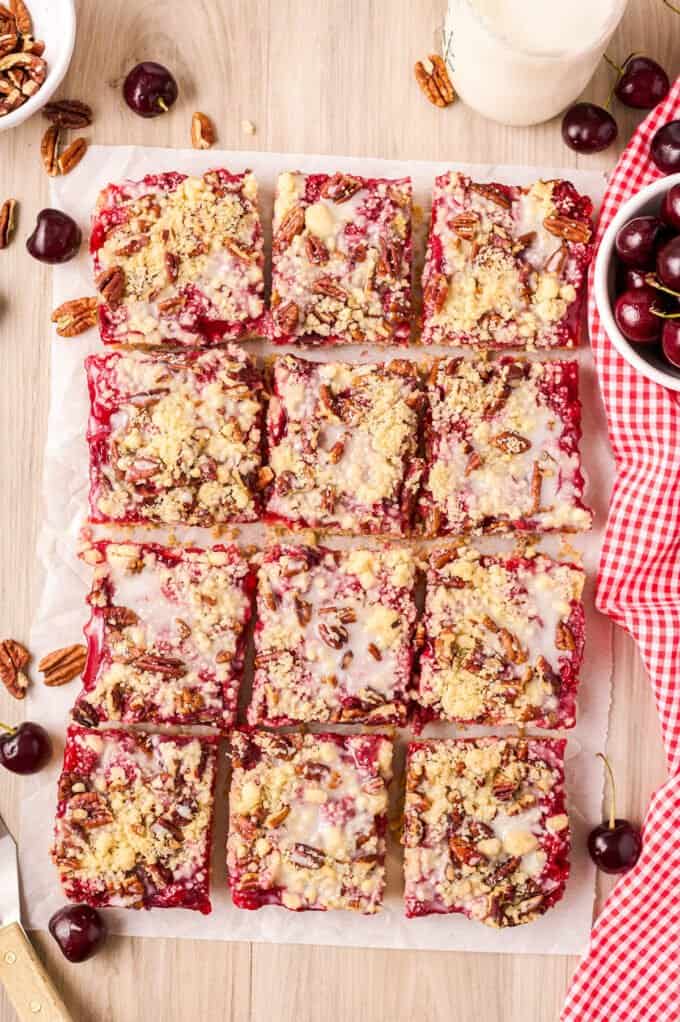 cherry pie bars cut into squares