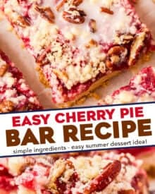 These amazing Cherry Pie Bars are made with a buttery shortbread crust, sweet/tart cherry pie filling, topped with shortbread crumbles and a sweet almond glaze! Such an easy dessert, and a great way to make pie for a crowd!
