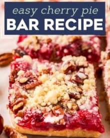 These amazing Cherry Pie Bars are made with a buttery shortbread crust, sweet/tart cherry pie filling, topped with shortbread crumbles and a sweet almond glaze! Such an easy dessert, and a great way to make pie for a crowd!