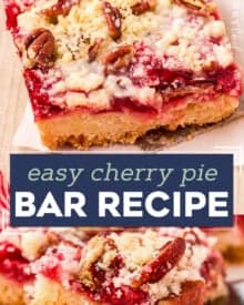 These amazing Cherry Pie Bars are made with a buttery shortbread crust, sweet/tart cherry pie filling, topped with shortbread crumbles and a sweet almond glaze! Such an easy dessert, and a great way to make pie for a crowd!