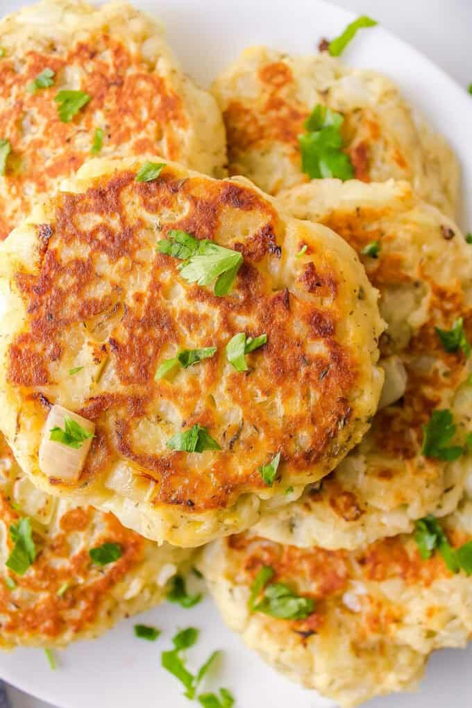 close up view of the crispy top of a potato pancake