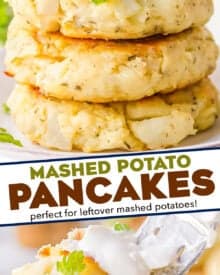 These mashed potato pancakes are the perfect way to use up leftover mashed potatoes. Perfectly soft and fluffy inside, and crispy on the outside, these potato cakes are great for clearing out the fridge, and so easy to make!