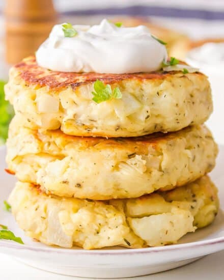 These mashed potato pancakes are the perfect way to use up leftover mashed potatoes. Perfectly soft and fluffy inside, and crispy on the outside, these potato cakes are great for clearing out the fridge, and so easy to make!
