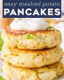 These mashed potato pancakes are the perfect way to use up leftover mashed potatoes. Perfectly soft and fluffy inside, and crispy on the outside, these potato cakes are great for clearing out the fridge, and so easy to make!