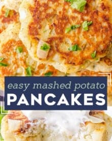 These mashed potato pancakes are the perfect way to use up leftover mashed potatoes. Perfectly soft and fluffy inside, and crispy on the outside, these potato cakes are great for clearing out the fridge, and so easy to make!