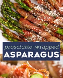 This easy recipe for Prosciutto-Wrapped Asparagus is made with 4 basic ingredients, with an optional Parmesan cheese sprinkle. Made simply in the air fryer, oven, or on the grill, they're cooked until the prosciutto is crispy and the asparagus is perfectly tender. Easiest side dish ever!