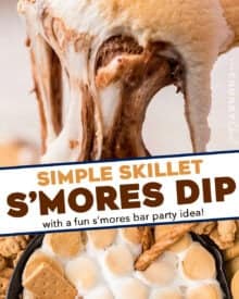 This ooey gooey s'mores dip is made with 4 simple ingredients, and is the perfect family dessert! Chocolate chips are added to a hot skillet, then topped with marshmallows and toasted until the chocolate is melted and marshmallows are golden. Perfect for dipping with graham crackers and more!