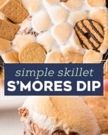 This ooey gooey s'mores dip is made with 4 simple ingredients, and is the perfect family dessert! Chocolate chips are added to a hot skillet, then topped with marshmallows and toasted until the chocolate is melted and marshmallows are golden. Perfect for dipping with graham crackers and more!