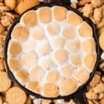 s'mores dip in skillet surrounded by cookies and crackers for dipping