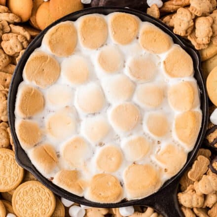 s'mores dip in skillet surrounded by cookies and crackers for dipping