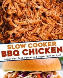 Perfect for a crowd, this slow cooker bbq chicken is made with just 3 simple ingredients! The shredded meat is great piled on a bun, used in quesadillas, salads, pizzas, and more!