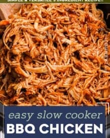 Perfect for a crowd, this slow cooker bbq chicken is made with just 3 simple ingredients! The shredded meat is great piled on a bun, used in quesadillas, salads, pizzas, and more!
