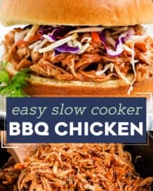 Perfect for a crowd, this slow cooker bbq chicken is made with just 3 simple ingredients! The shredded meat is great piled on a bun, used in quesadillas, salads, pizzas, and more!
