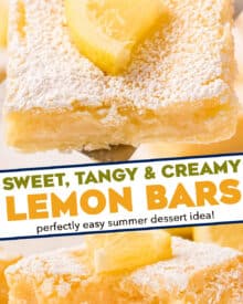 This is the ultimate in refreshing and light desserts… creamy lemon squares made all from scratch with a buttery shortbread crust, and tangy and bright lemon filling!  So foolproof… anyone can make these lemon bars!