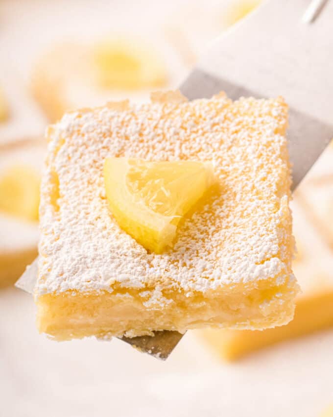 a spatula holding a lemon bar that's dusted with powdered sugar and a small lemon slice