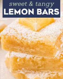 This is the ultimate in refreshing and light desserts… creamy lemon squares made all from scratch with a buttery shortbread crust, and tangy and bright lemon filling!  So foolproof… anyone can make these lemon bars!