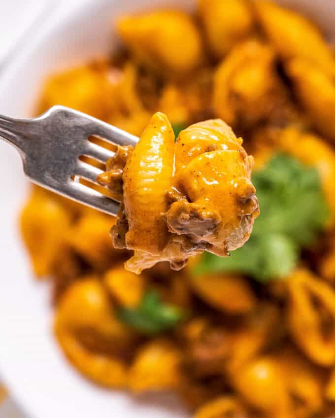 forkful of cheesy taco pasta