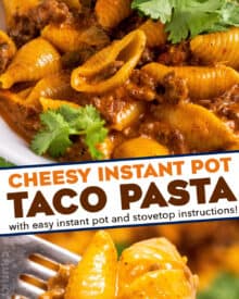 This taco pasta is a super simple one pot dinner that's hearty, cheesy, and made easily in the Instant Pot! The mild heat level makes this perfect for kids and families, but it's also easily customize-able!