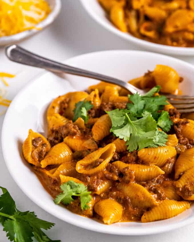 bowl of taco pasta with cilantro