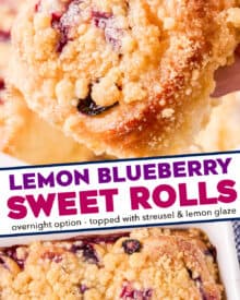 Soft, fluffy, and oh so tender, these blueberry sweet rolls are studded with sweet blueberries and lemon zest, topped with a buttery streusel, and a sweet/tangy lemon glaze!