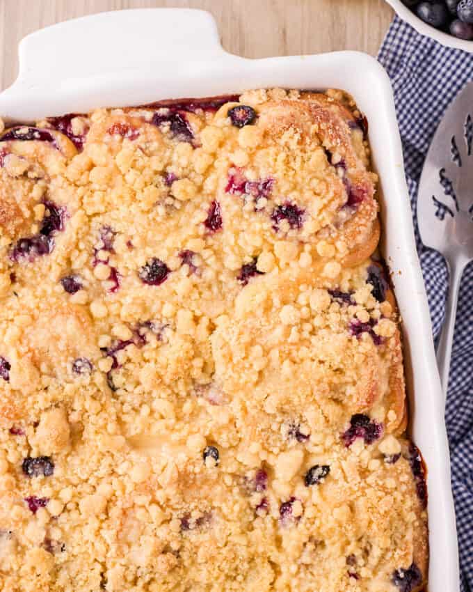 overhead view of blueberry sweet rolls in baking dish