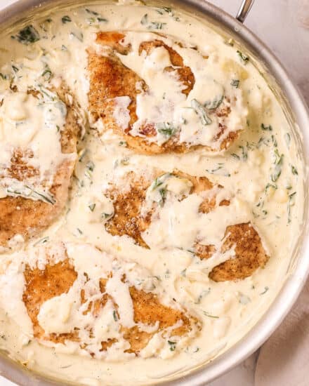 Everything you love about the classic spinach and artichoke dip, combined with an easy, one pan chicken dinner idea! Pan seared chicken breasts are smothered in an ultra creamy sauce loaded with chopped spinach and artichoke hearts!